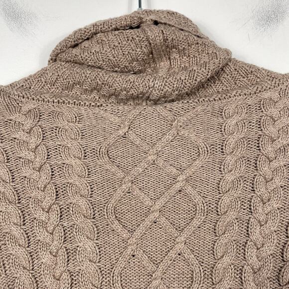 Burgess Cashmere Blend Cable Knit Sweater Women M Tan Soft Funnel Neck Fisherman - Picture 7 of 9